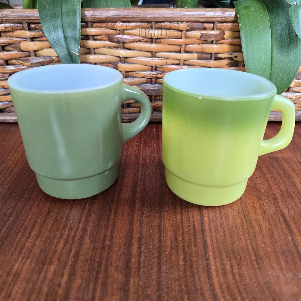 Vintage Fire King Coffee Mugs Set of 2 Avocado Green Ombre Stackable Retro USA